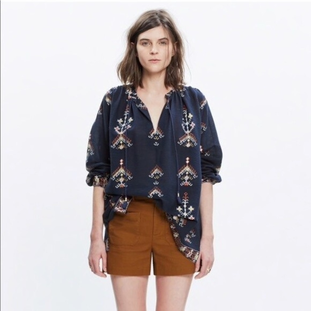 Madewell Marta Folkstitch popover top cotton peasant blouse navy blue